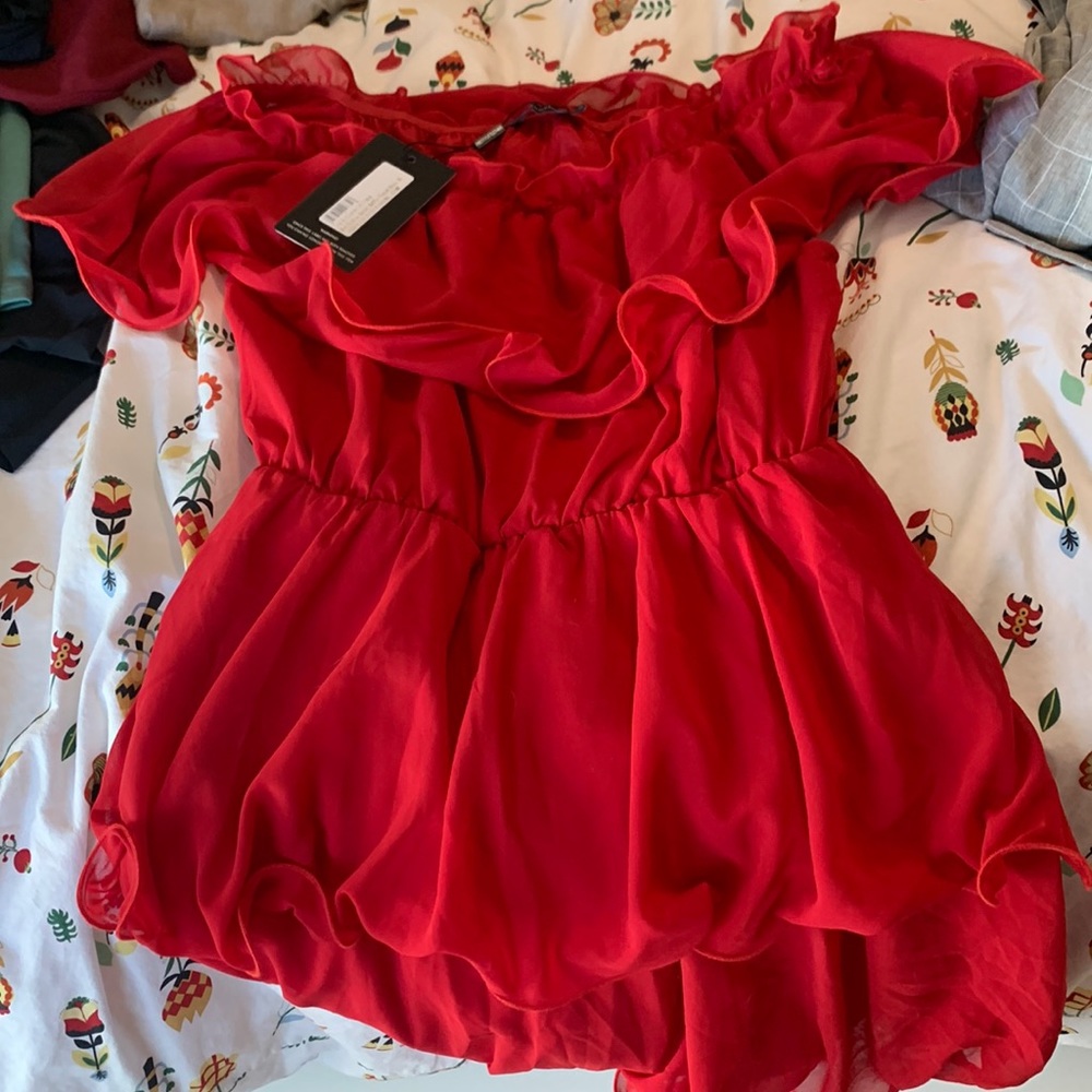 Red Chiffon Bardot Ruffle Tiered Dress